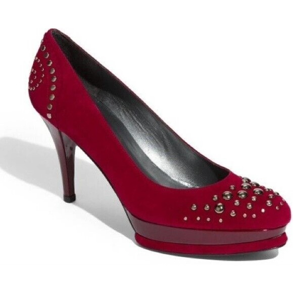 Stuart Weitzman Marse Suede Pump Platform Round Toe Slim Heel Stud Scarl… - Picture 1 of 10